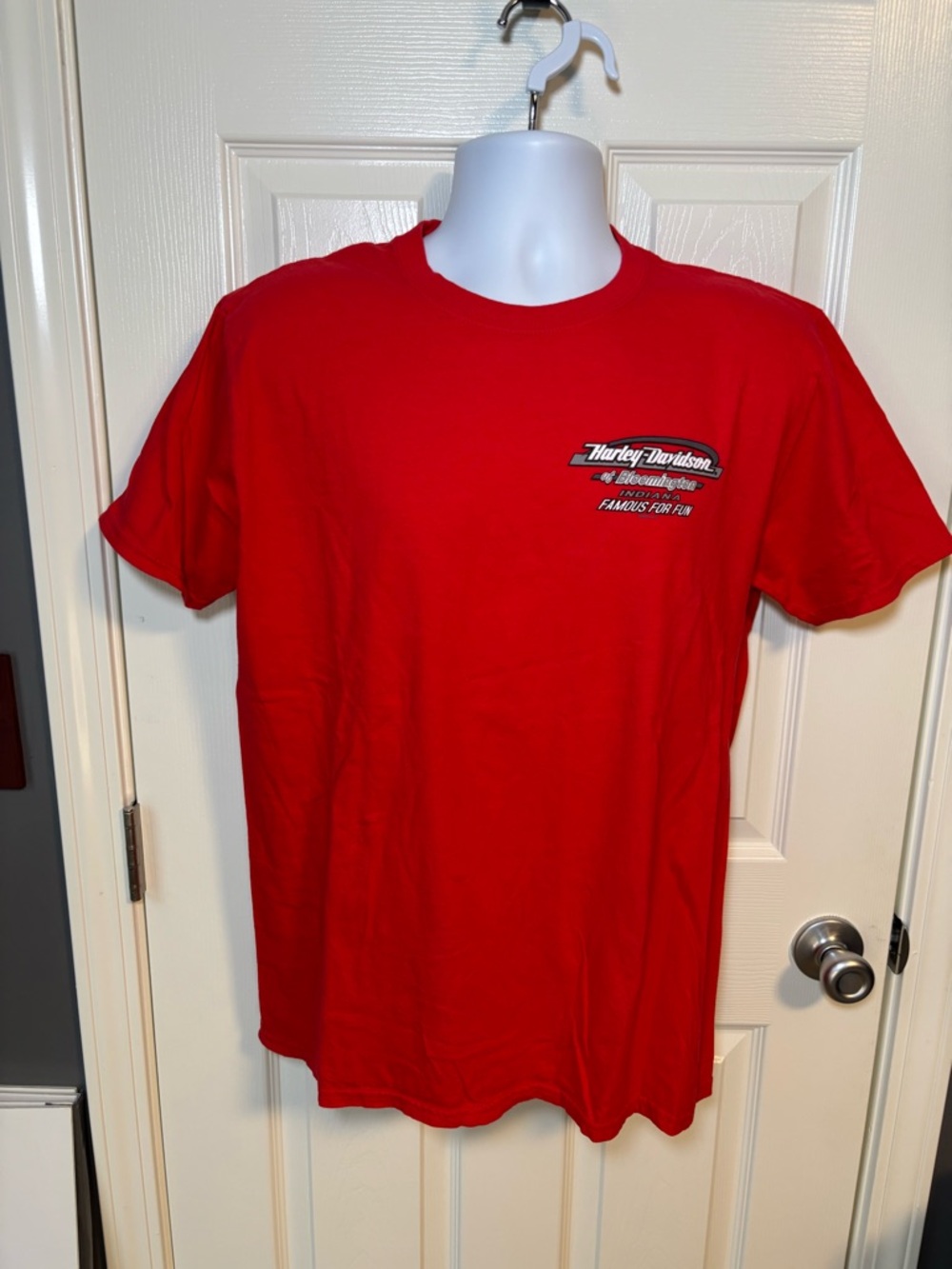 Red Harley Davidson Bloomington, Indiana tee with black accents size tag missing